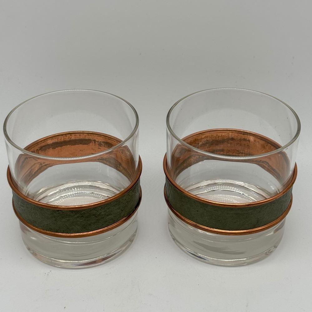 Vintage Coppercraft Guild Lowball Glasses Pair Copper Leather Band Barware MCM